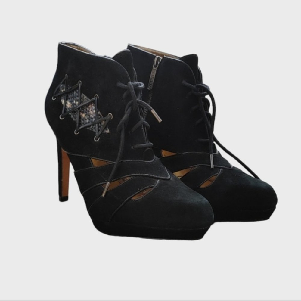 Mimco suede leather ankle lace up stiletto booties
